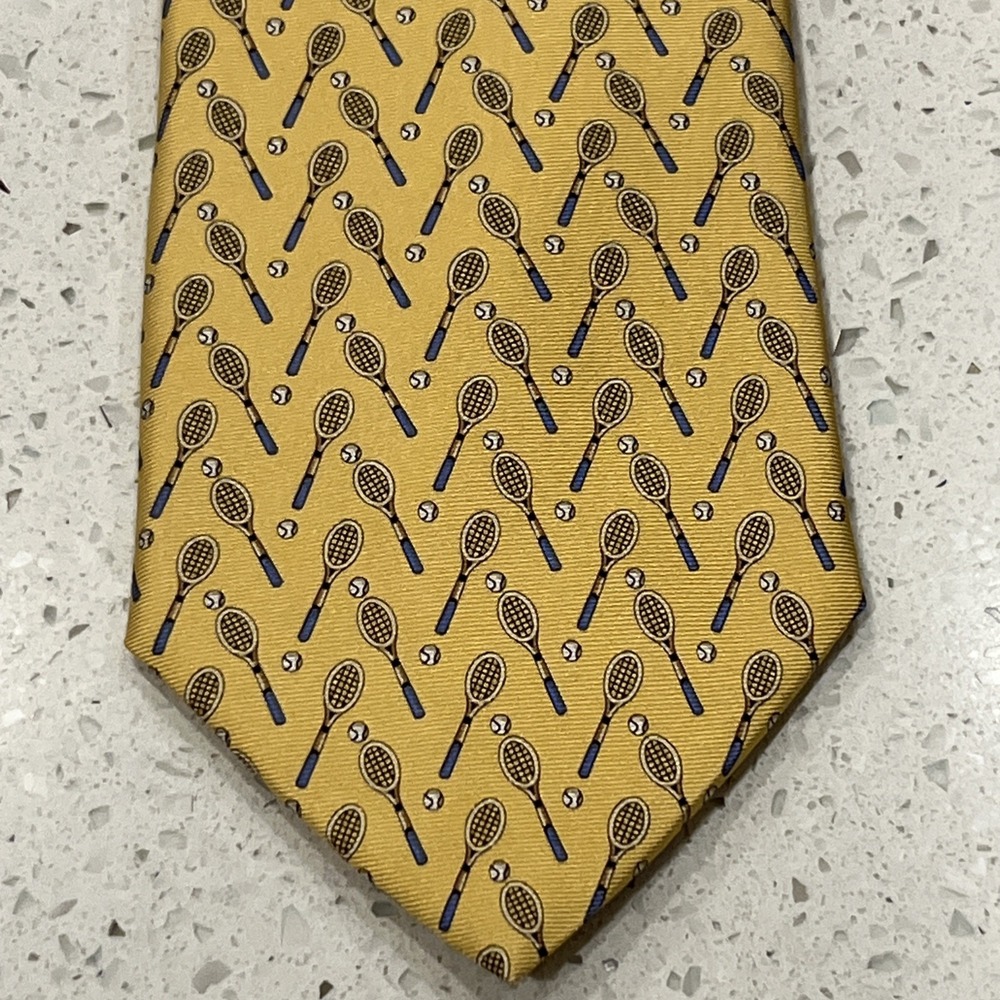 Brooks Brothers Country Club Tie Tennis Rackets Balls Yellow Color Unique USA